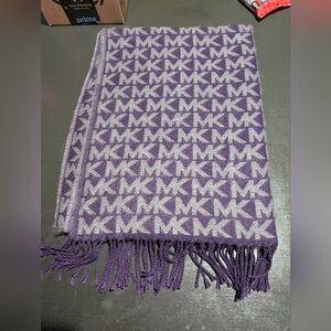 Michael Kors Purple and White MK Logo Fringe Scarf In Grape Size 27.5"W X 72"L